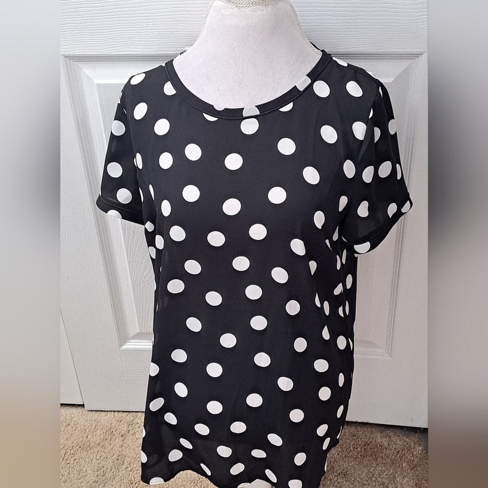 Ann Taylor Black Blouse With Large White Polka Dots